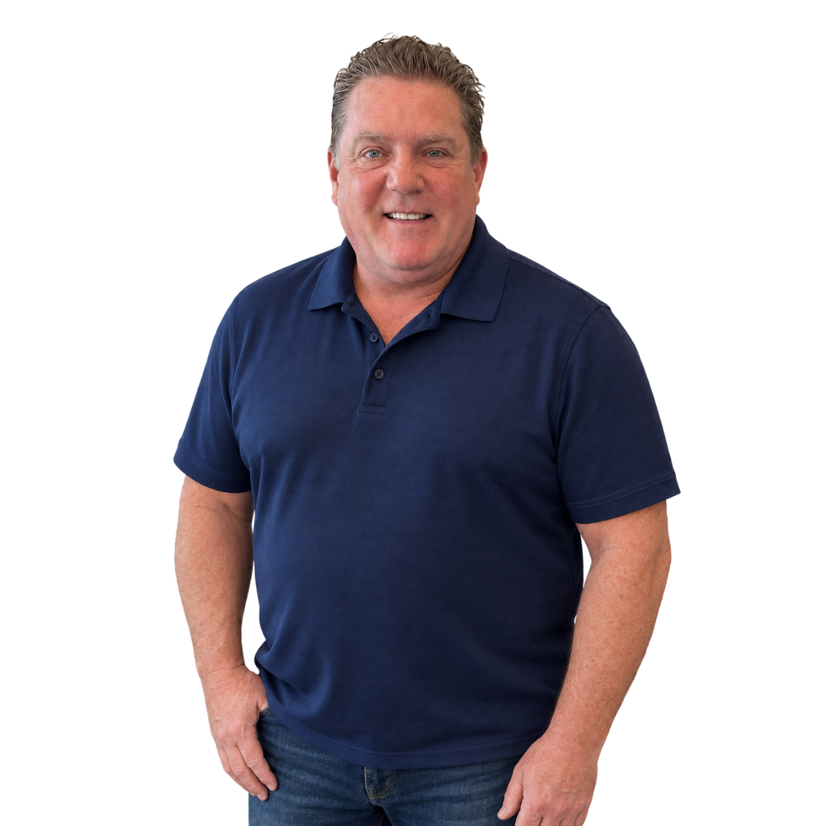 Mike Harris wearing a navy polo shirt